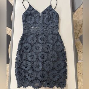 Womens S Aqua Navy spaghetti strap cottagecore Floral Lace Mini Dress